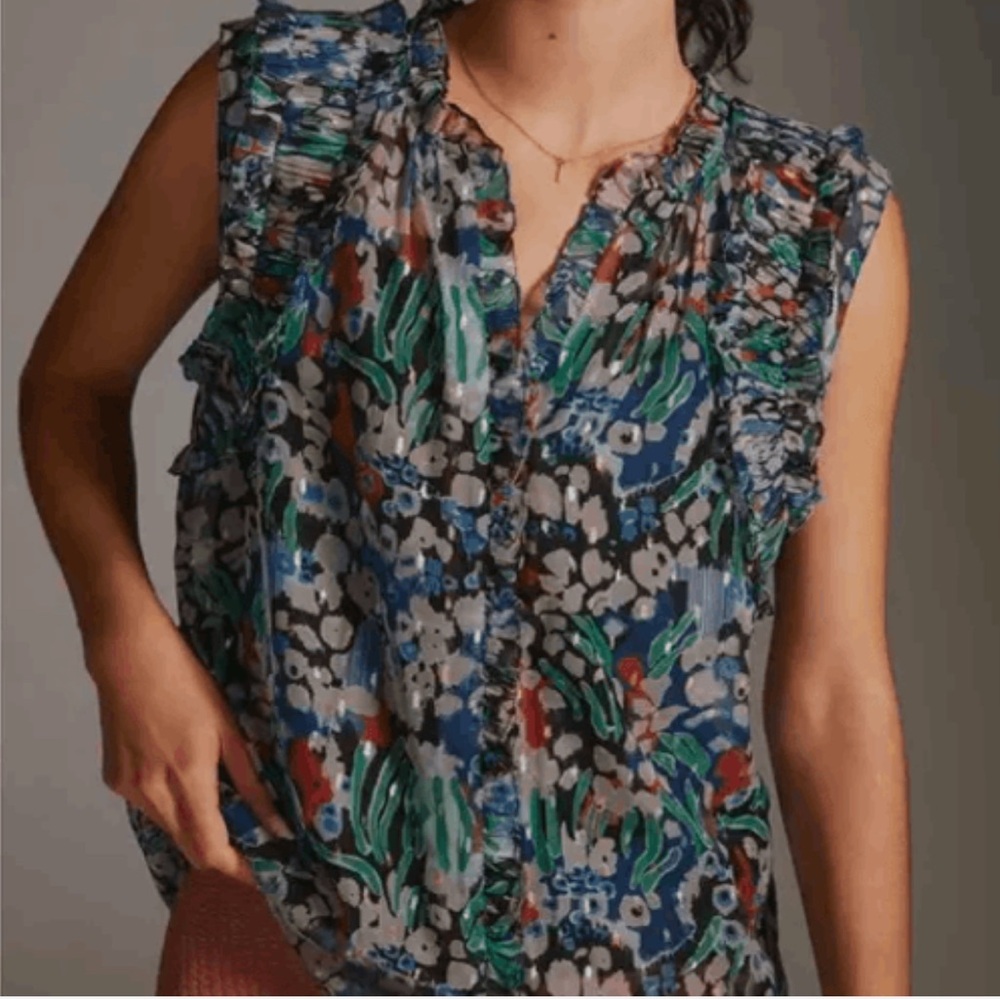 Anthropologie Let Me Be Metallic Sheer Floral Top